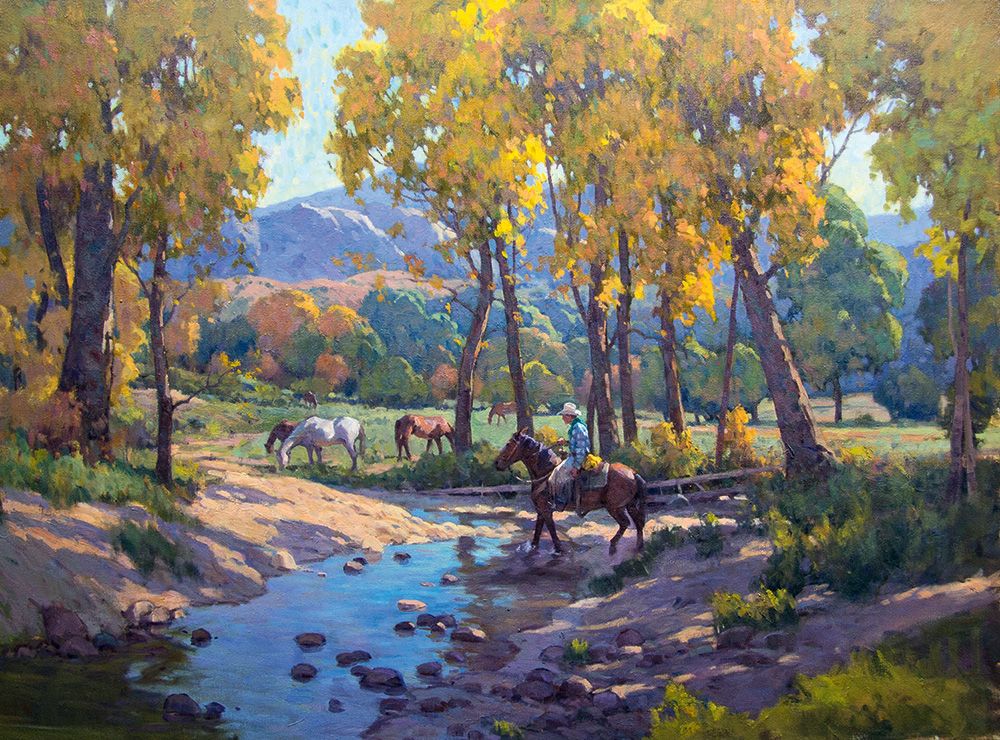 Ein Gemälde von Pferden an einem bewaldeten Bach