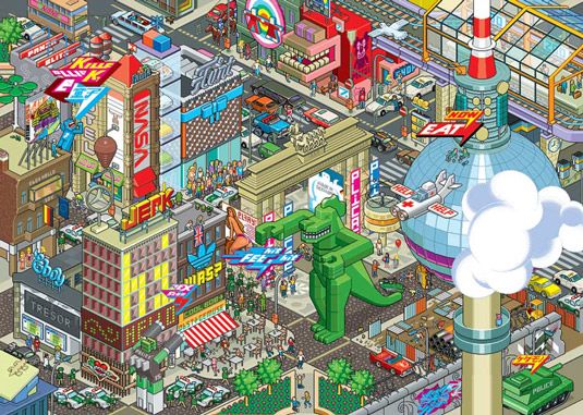 Pixelkunst: Innenstadt von einem Dinosaurier bedroht
