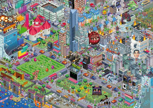 Pixel art: vue aérienne du centre-ville