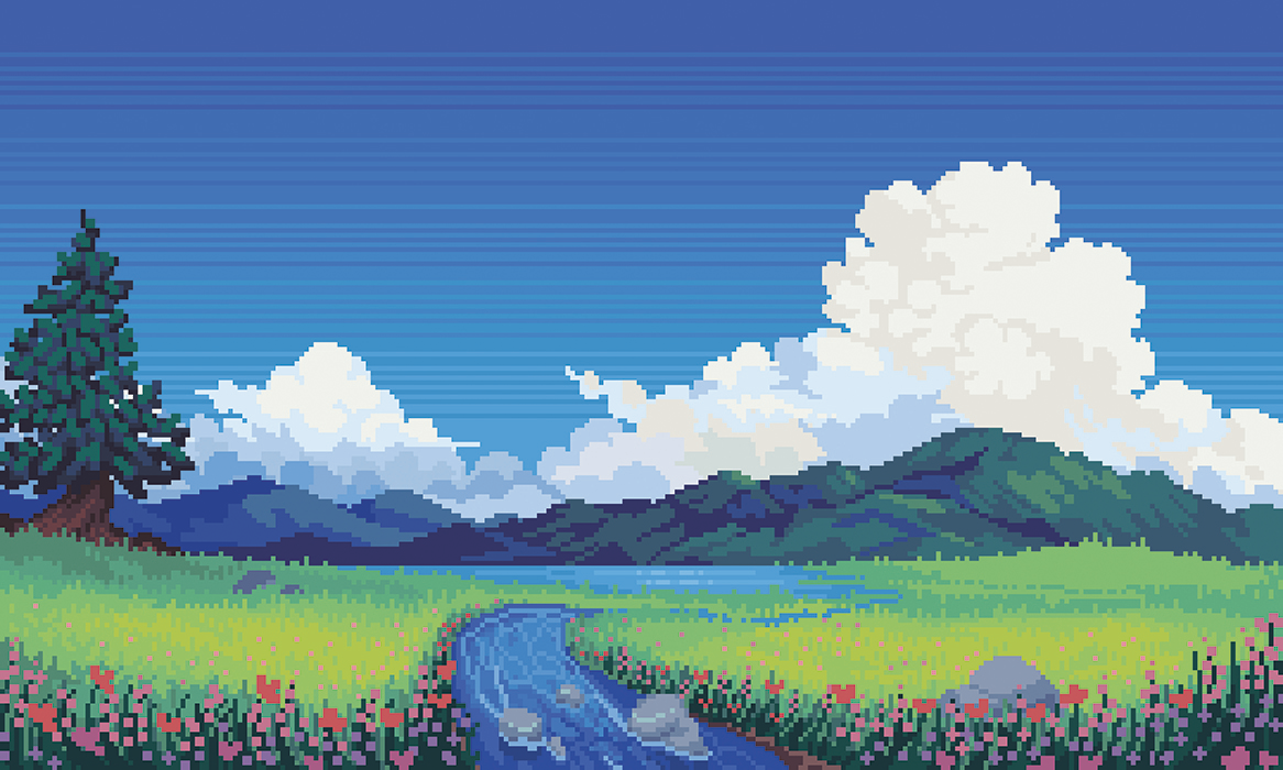 Pixel art: rivière menant à une chaîne de montagnes