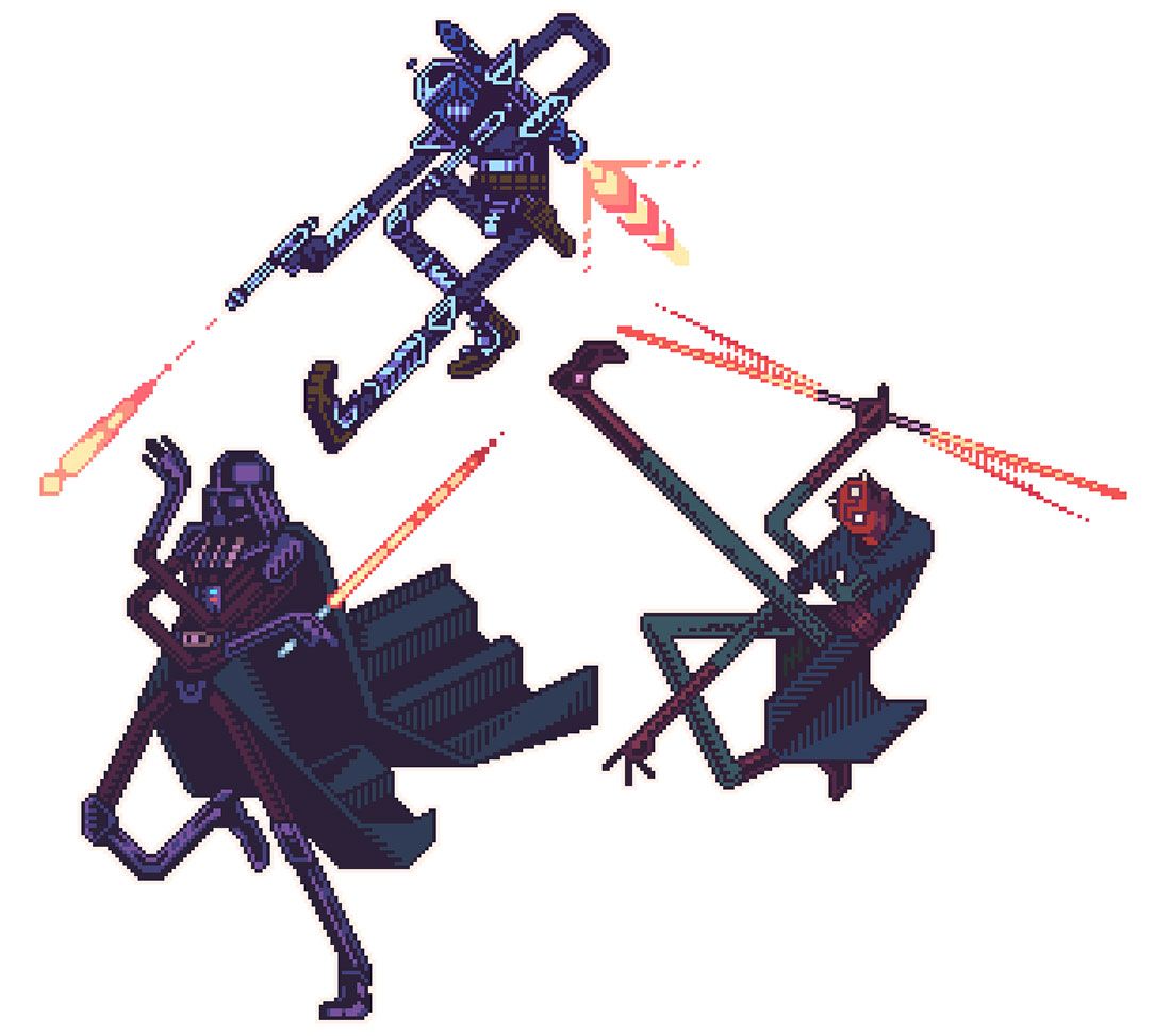 Pixel art: Dark Vador, Dark Maul et Jango Fett combattant avec des sabres laser et des pistolets laser