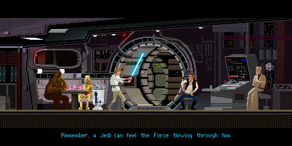 Pixel art: scène Star Wars avec Obi-Wan entraînant Luke et Chewbacca et C-3PO jouant aux échecs holographiques