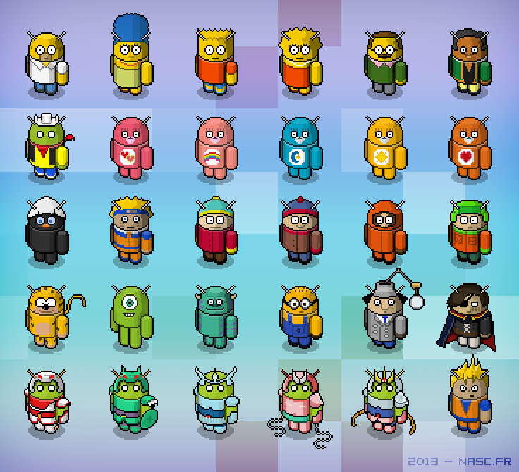Pixel art: créatures mi-bogue, mi-Android ressemblant à des personnages tels que Bart Simpson et Cartman