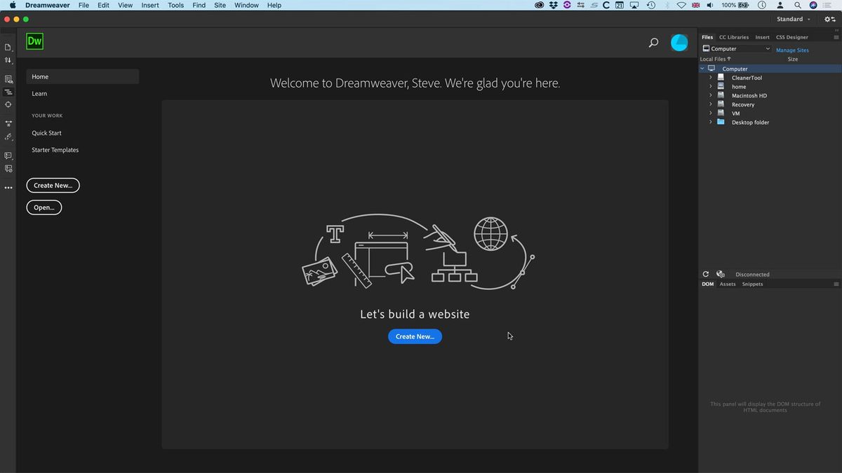 Adobe Dreamweaver: page de lancement
