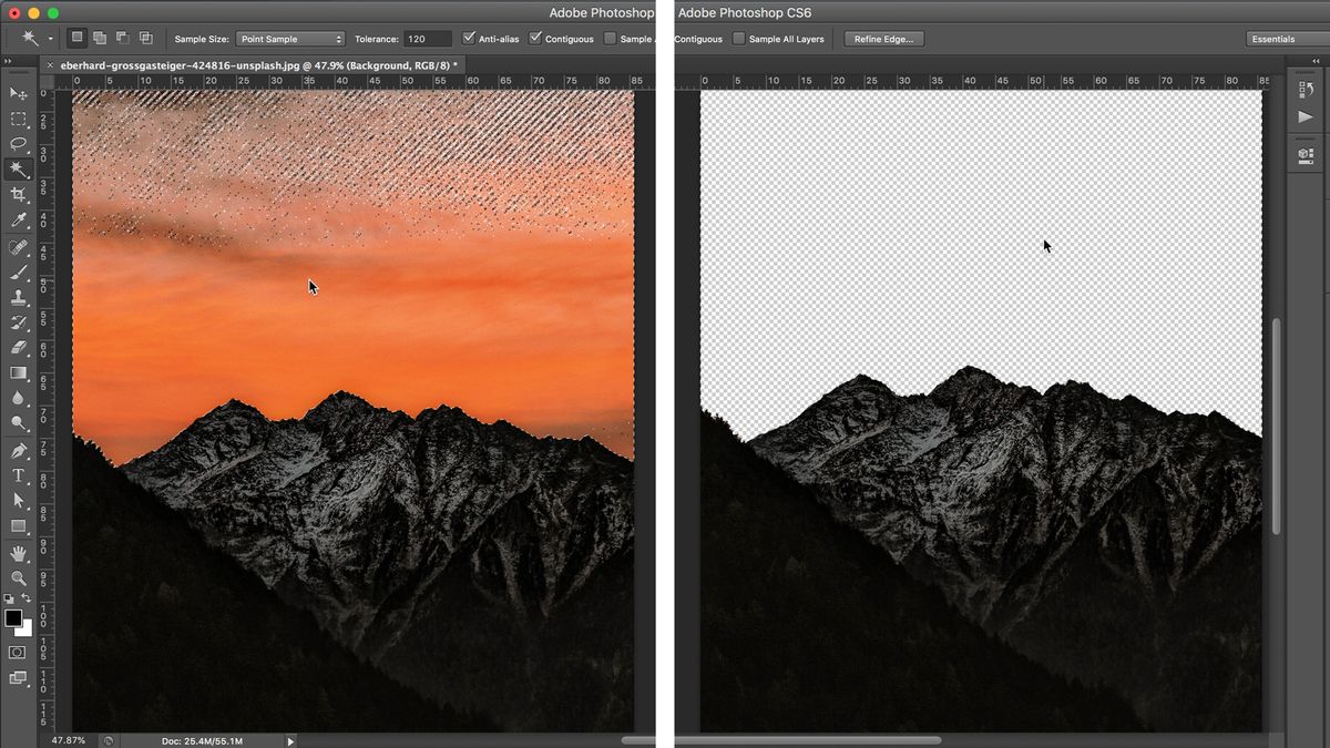 Screenshot von Bergen in Photoshop mit entferntem / ausgewähltem Hintergrund