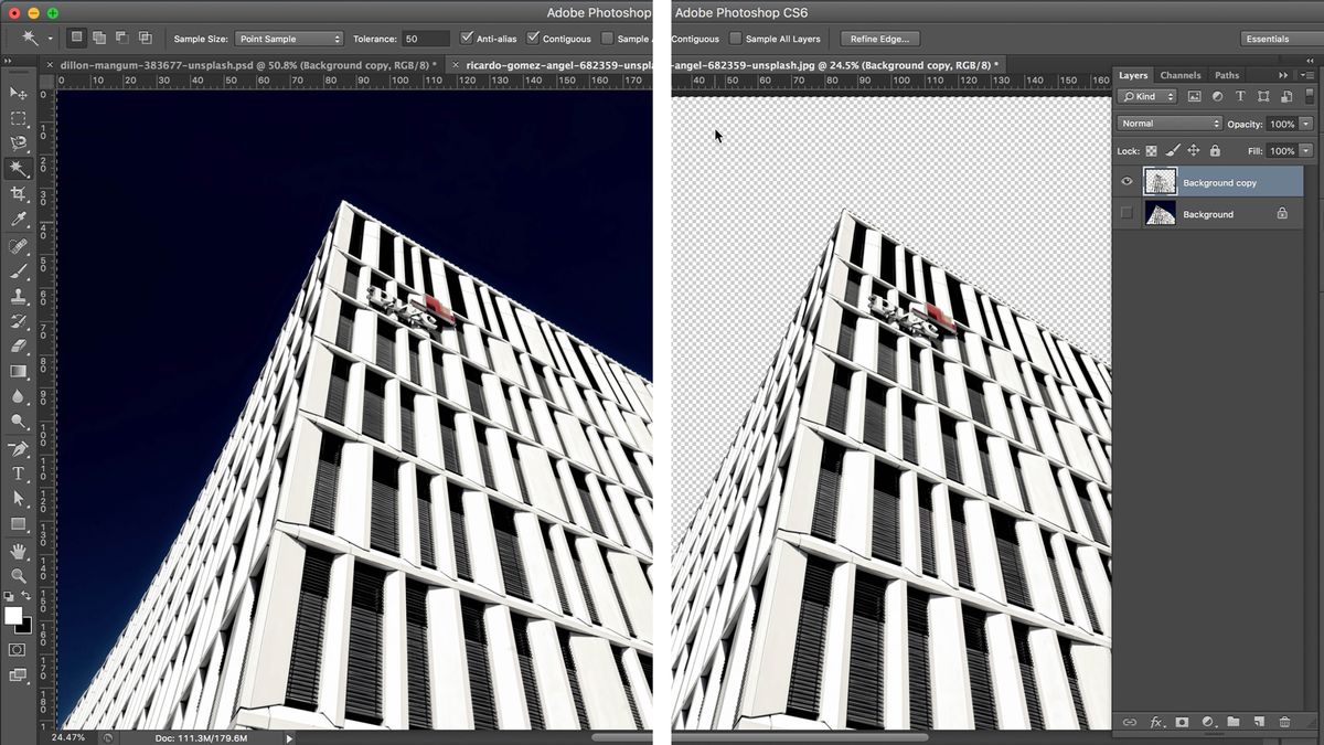 Screenshot des Gebäudes mit entferntem Hintergrund in Photoshop