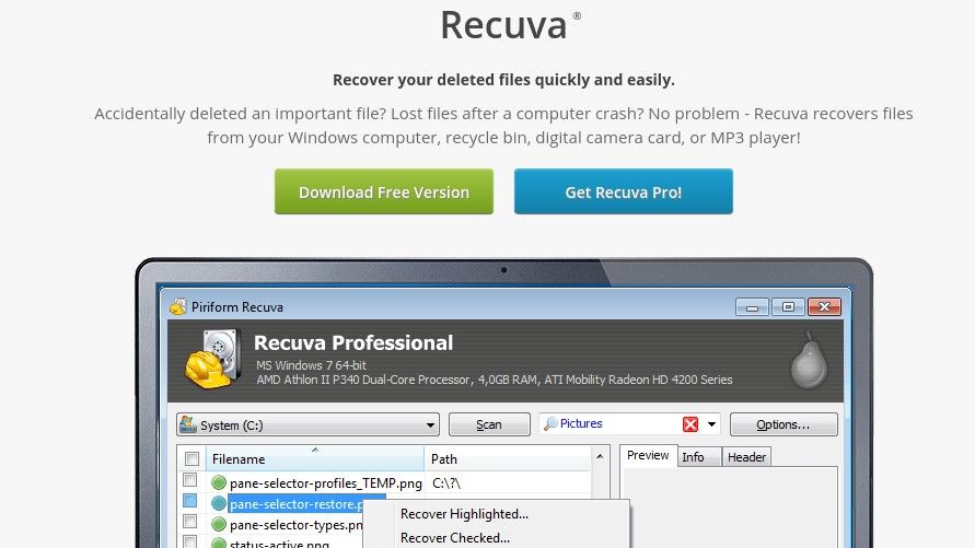 El mejor software de recuperación de datos: página de inicio de Recuva con captura de pantalla de su interfaz