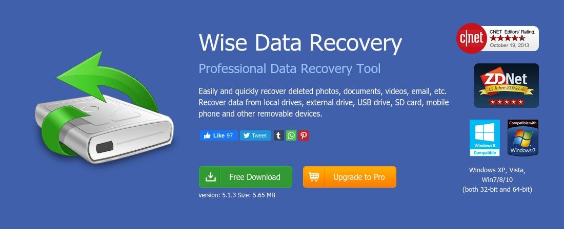 El mejor software gratuito de recuperación de datos: página de inicio de Wise Data Recovery con disco duro externo