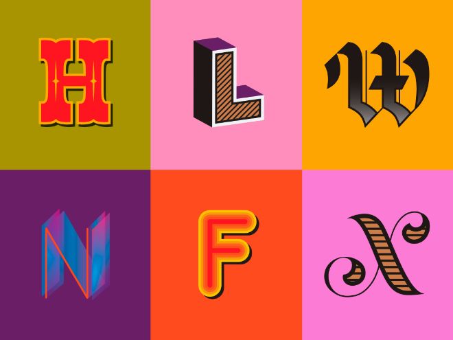 Téléchargez Adobe Illustrator: six lettres élégantes sur des arrière-plans colorés