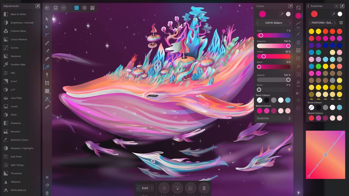 Aplicaciones de dibujo para iPad: Affinity Designer. Ilustración digital de una ballena cósmica en el espacio.