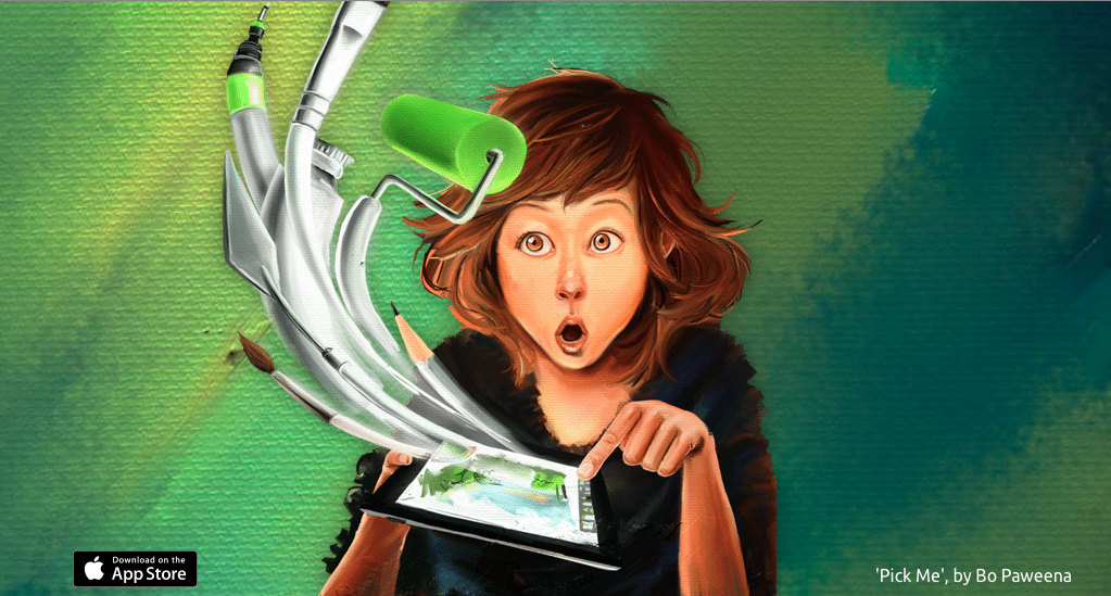 Aplicaciones de dibujo para iPad: ArtRage. Ilustración digital de una mujer presionando la pantalla del iPad con herramientas emergentes